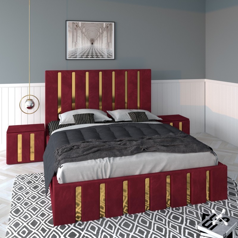 Pat Tapitat Mexic Rosu + Saltea Lux Ortopedica + Noptiere Tapitate