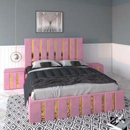 Pat Tapitat Mexic Roz + Saltea Lux Ortopedica + Noptiere Tapitate