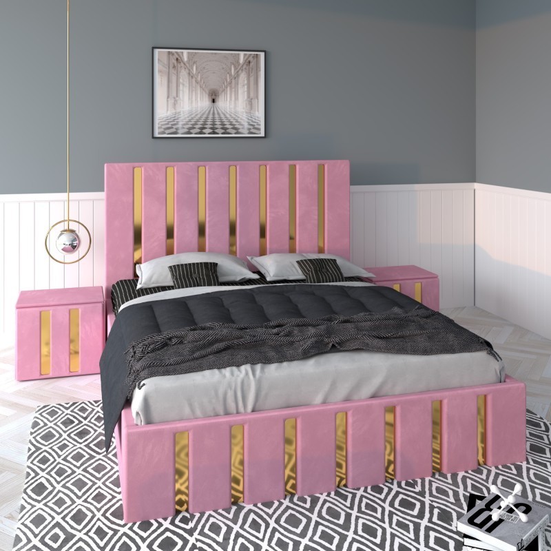 Pat Tapitat Mexic Roz + Saltea Lux Ortopedica + Noptiere Tapitate