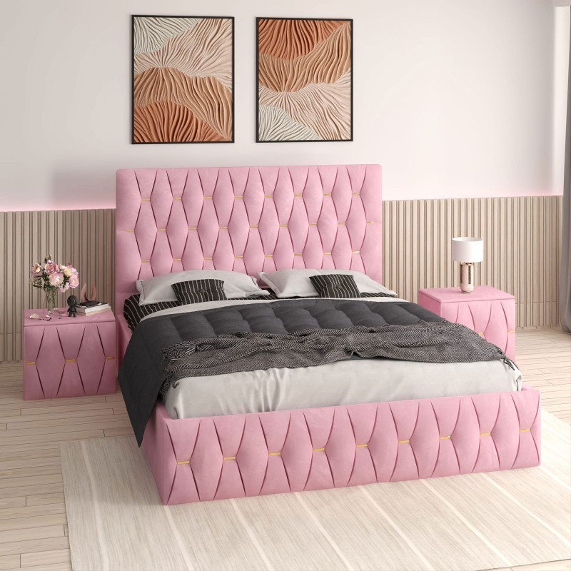 Pat Tapitat Eric Roz + Saltea 20cm Grosime + 2X Noptiere Tapitate