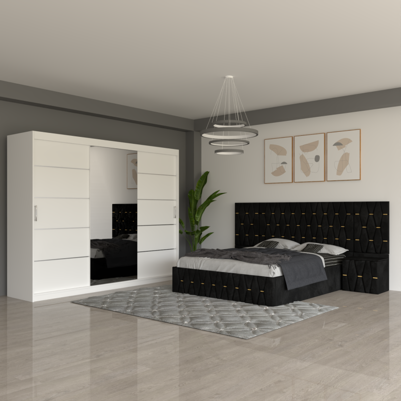 Dormitor Eric Negru Cu Extensii  Dulap Alb 250 cm