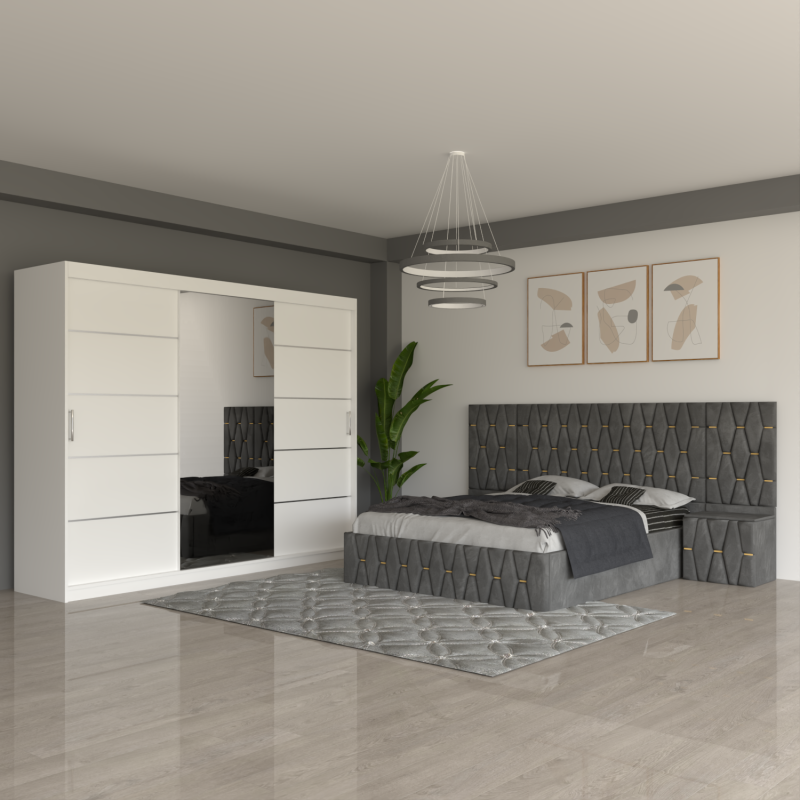 Dormitor Eric Gri Cu Extensii Dulap Alb 250 cm