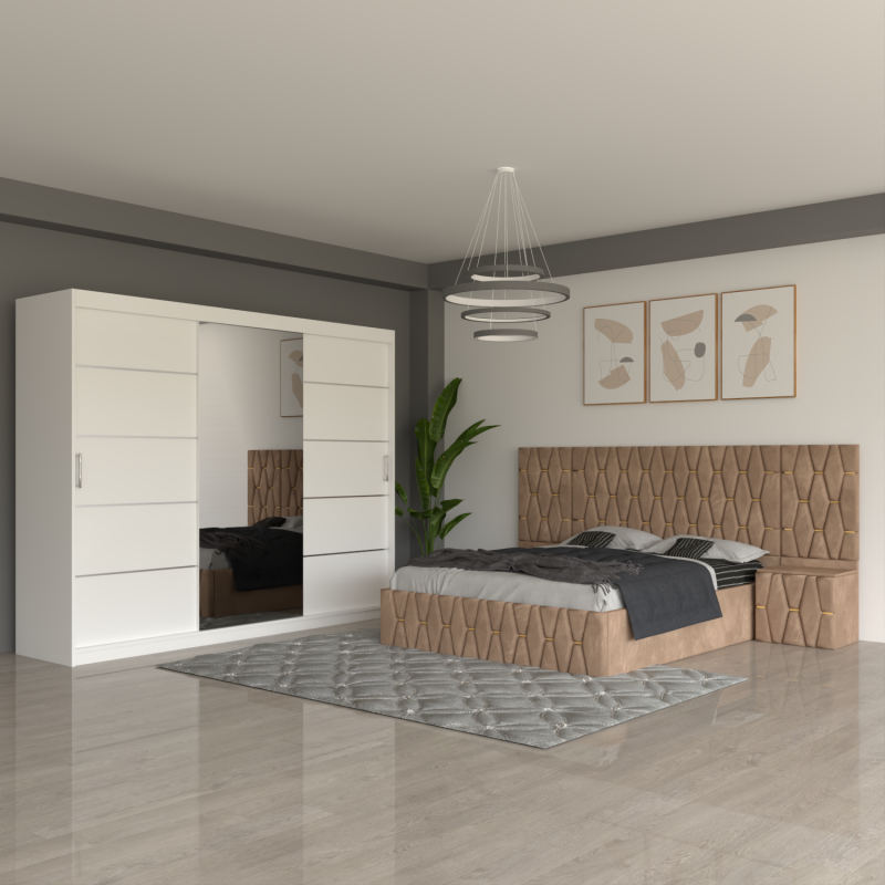 Dormitor Eric Crem Cu Extensii Dulap Alb 250 cm