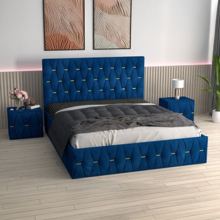 Pat Tapitat Eric Albastru + Saltea 20cm Grosime + 2X Noptiere Tapitate