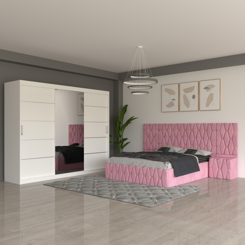 Dormitor Eric Roz Cu Extensii Dulap Alb 250 cm