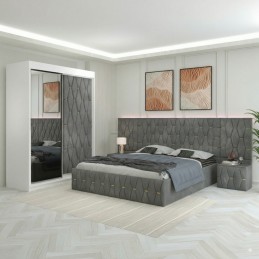 Dormitor Eric Gri Tapitat Cu Noptiere Tapitate + Extensii