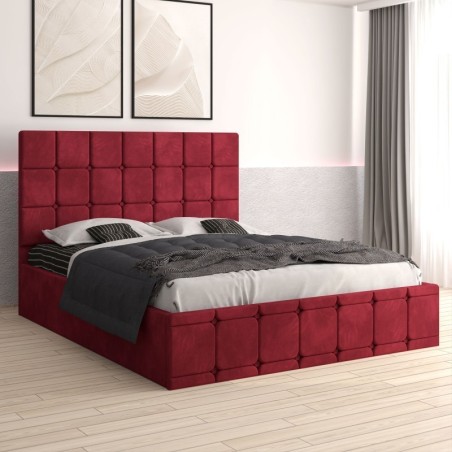 Pat Tapitat Ven03 Rosu + Saltea 20cm Grosime + Somiera Metalica Rabatabila