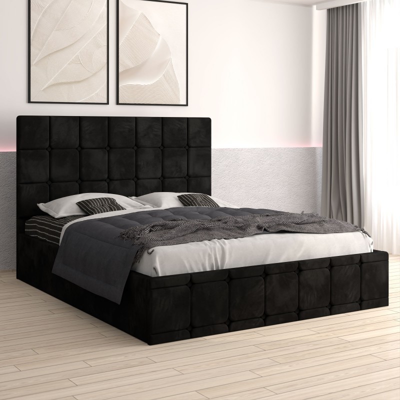 Pat Tapitat Ven03 Negru + Saltea 20cm Grosime + Somiera Metalica Rabatabila