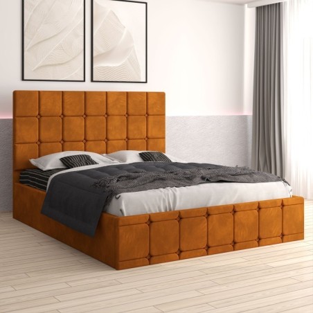 Pat Tapitat Ven03 Caramiziu + Saltea 20cm Grosime + Somiera Metalica Rabatabila